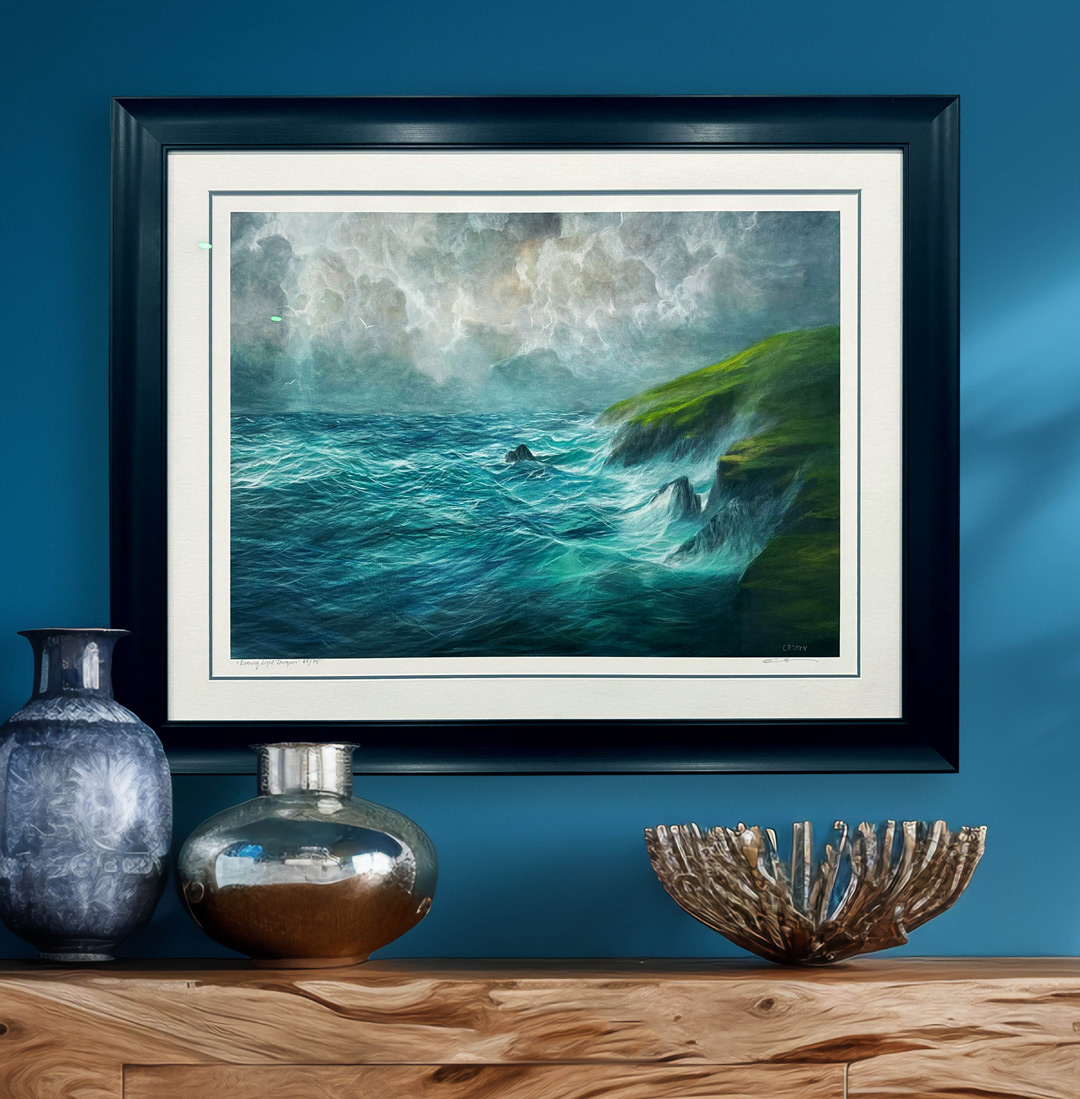 Carol Cronin Seascape framed in a black scoop frame. Title: Evening Light in Dunquin. Print 65/75 Carol Cronin Seascape framed in a black scoop frame. Title: Evening Light in Dunquin. Print 65/75