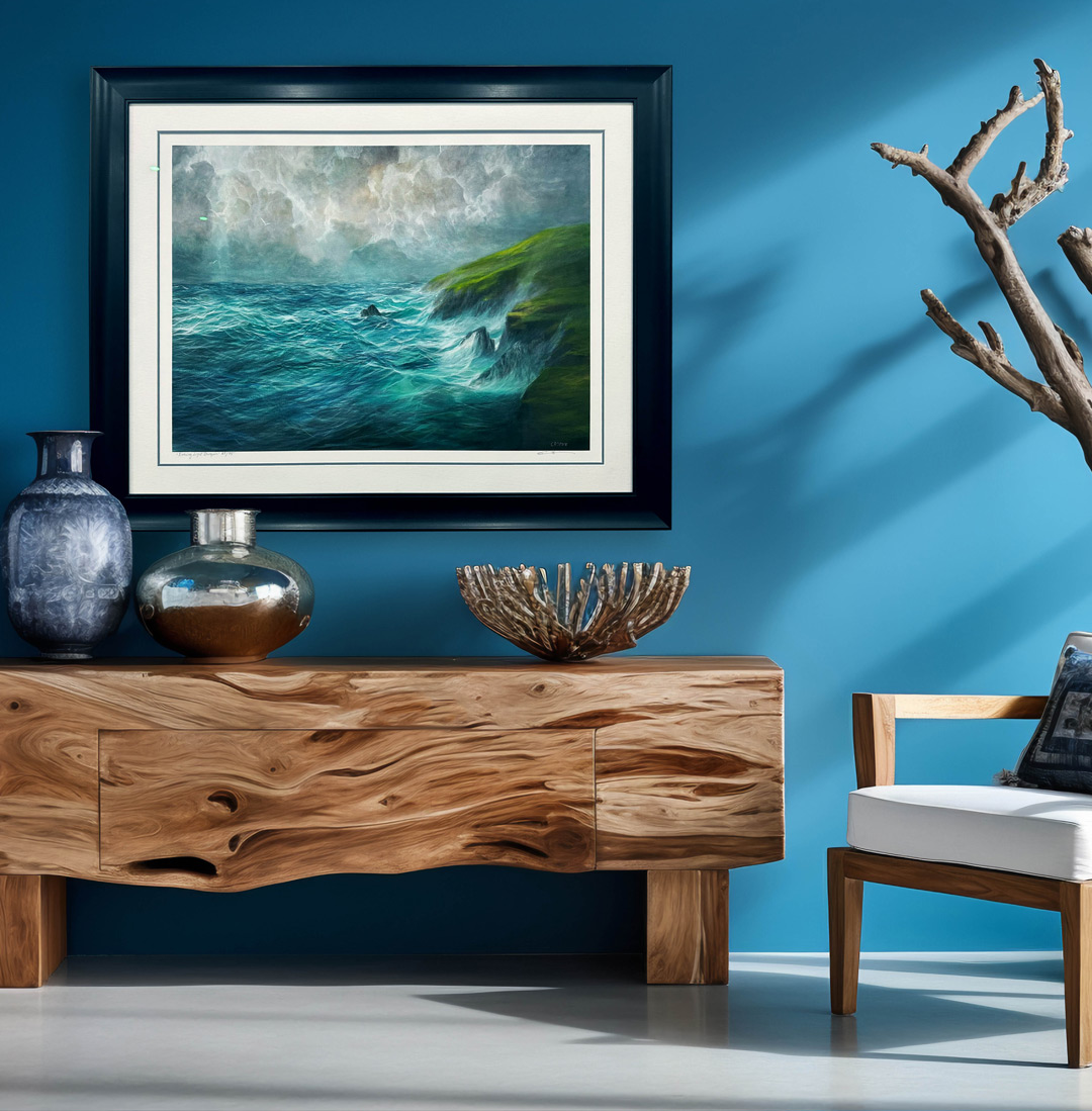 Carol Cronin Seascape framed in a black scoop frame. Title: Evening Light in Dunquin. Print 65/75 Carol Cronin Seascape framed in a black scoop frame. Title: Evening Light in Dunquin. Print 65/75