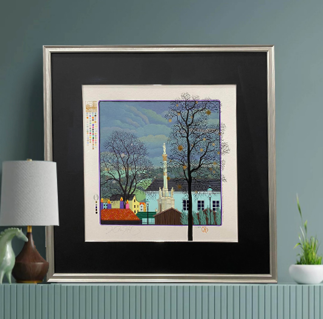 Japanese Styled Village Print in a dark matboard and silver frame Japanese Styled Village Print in a dark matboard and silver frame