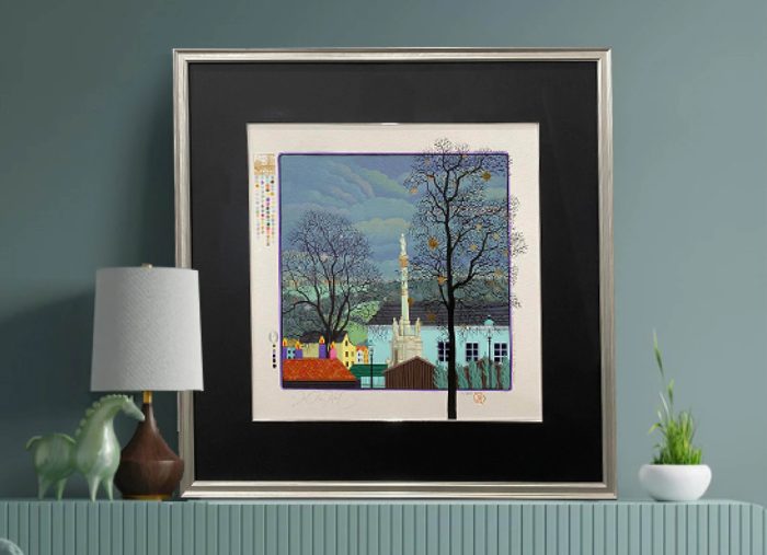 Japanese Styled Village Print in a dark matboard and silver frame