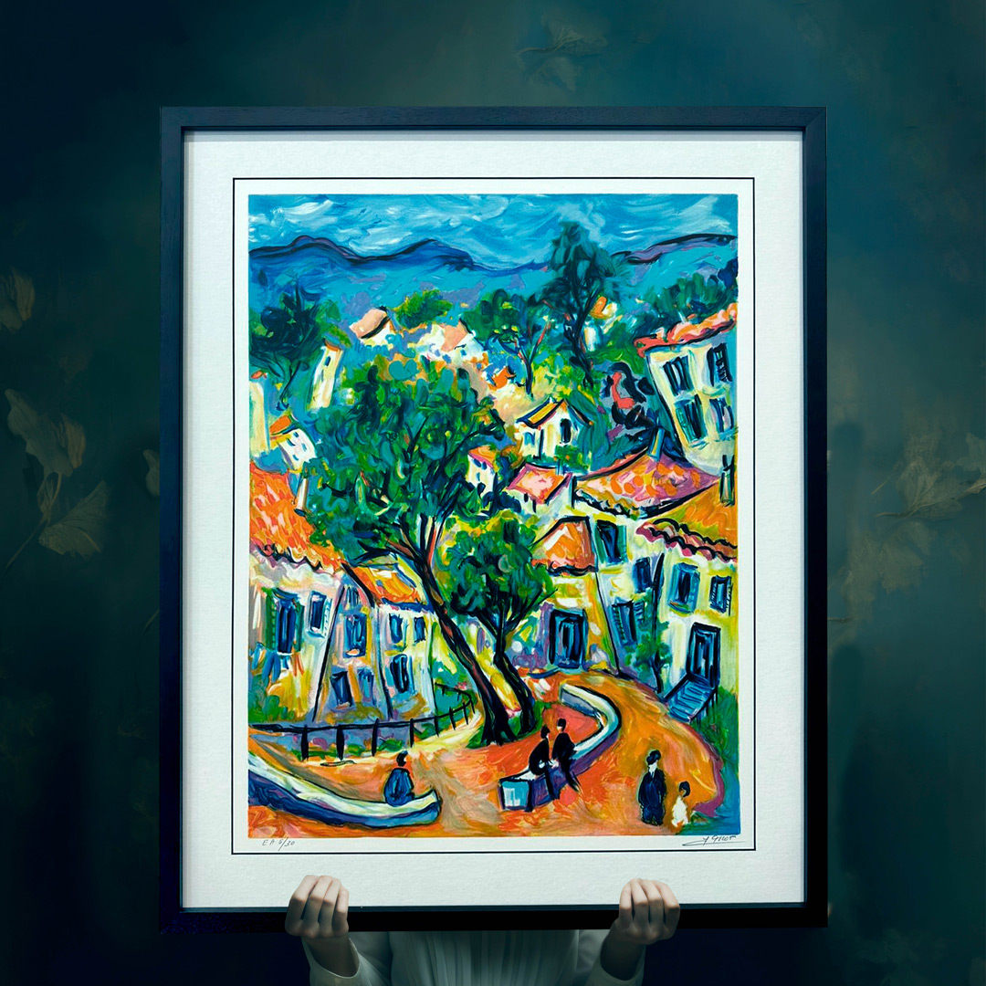 Vibrant Village Scene painting frame in minimalist black