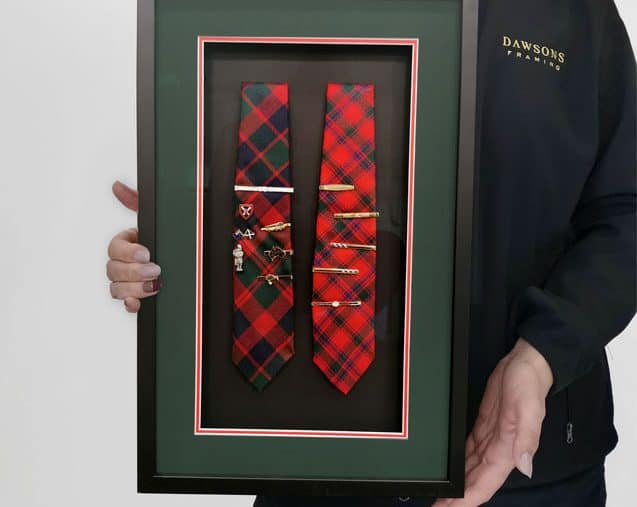 FRAMED SCOTTISH TIES AND TIE PINS MEMORABILIA