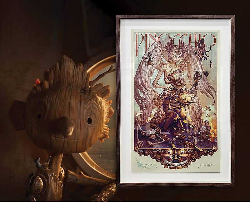 Special Limited Edition fine art poster print of the new Pinocchio Movie, framed beautifully in dark timber.