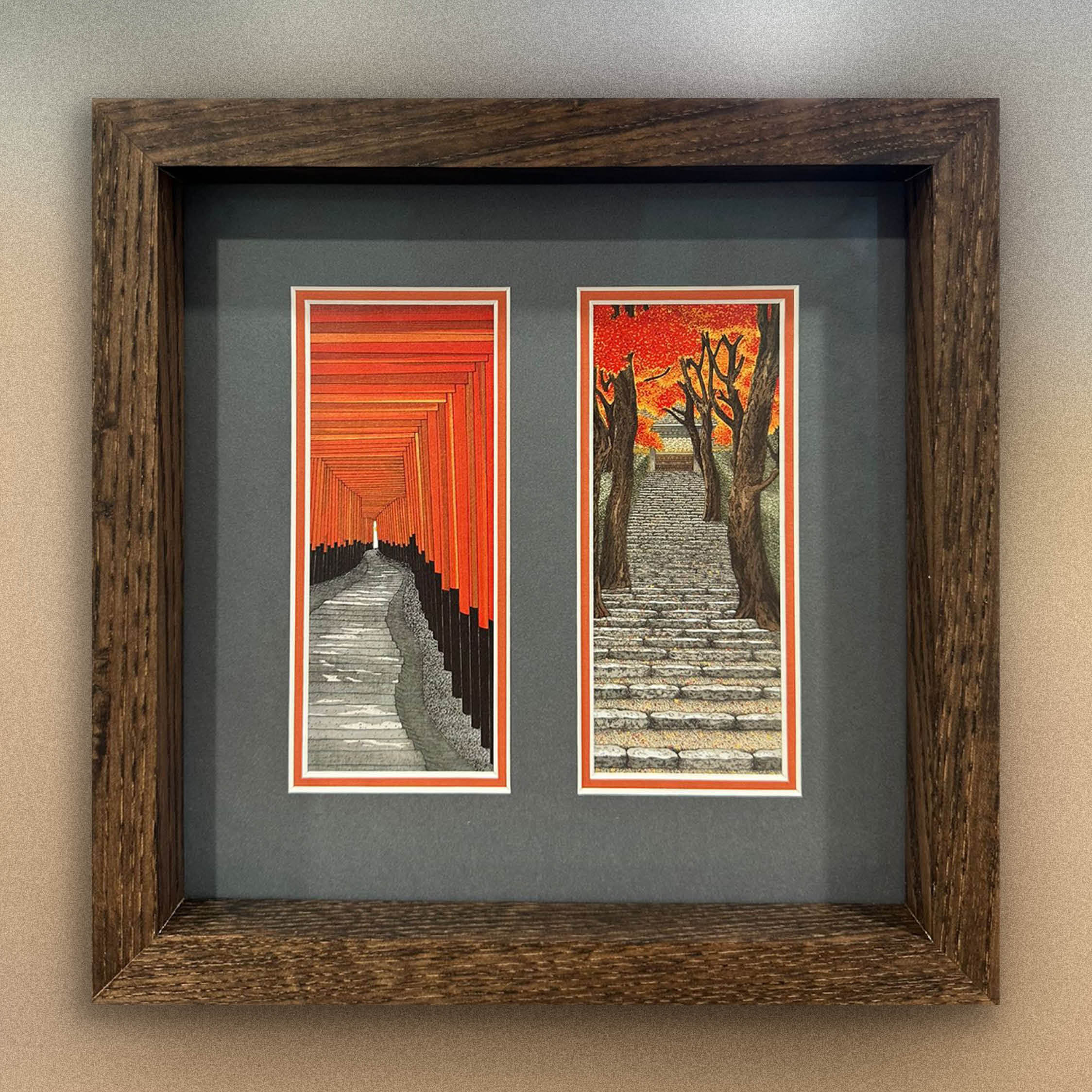 Two Japanese Drawings Framed in Hand stained Ash Wood