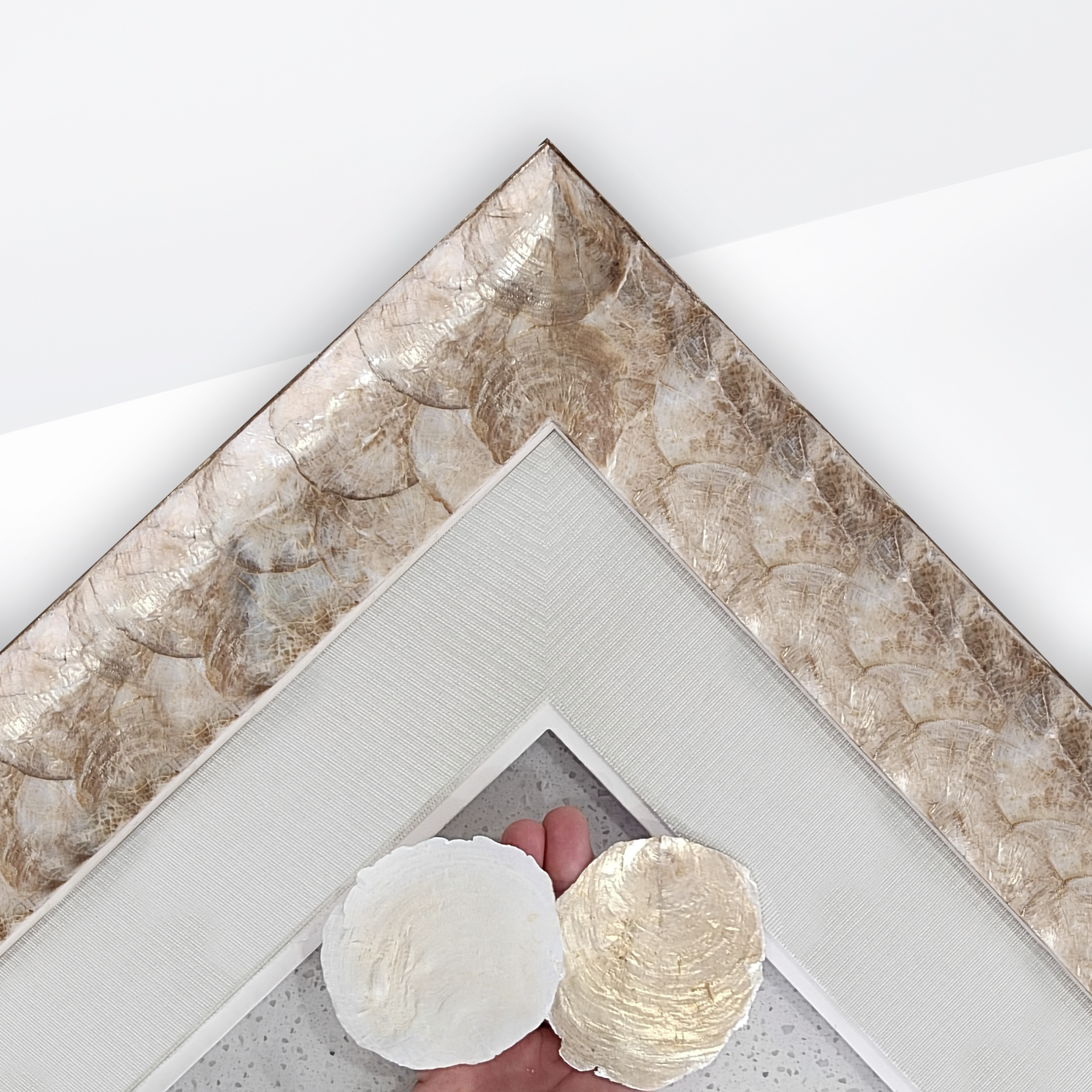 Custom frame created out of coastal oyster shells in champagne or white.