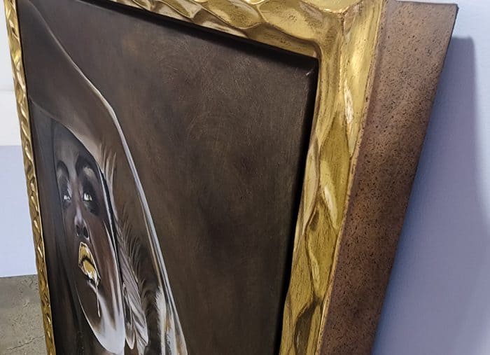 Nxesu Oil Painting of an African Woman with Gold Leaf dripping lips and jewellery framed in a 23ct gold handcrafted frame. Artist : Laark
