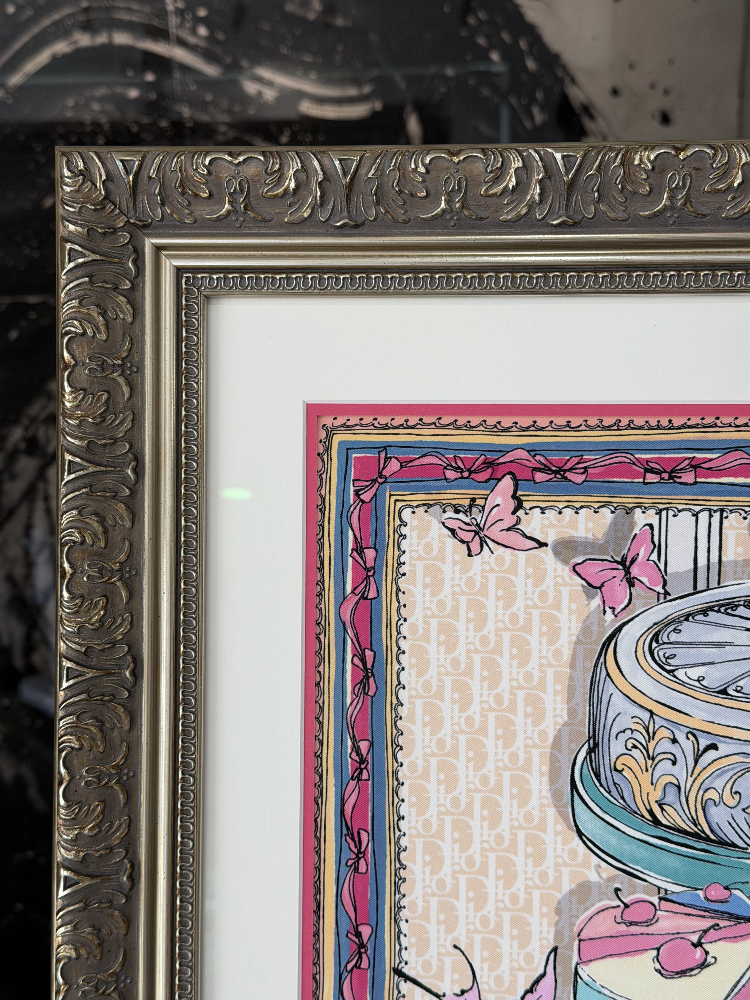Detail of the pinline mat board effect highlighting the tones of the Dior silk scarf, by Dawsons Framing Ashmore