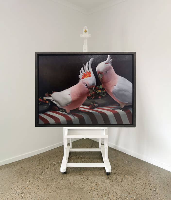 Anne Smerdon Painting Framed: UNIVITED PICNIC GUESTS Major Mitchell Cockatoos oIL PAINTING FLOAT FRAMED IN DARK STAINED OAK