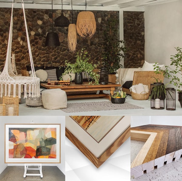 A Coastal / Bali inspired interior is suited to a warm raw timber custom mirror frame. Keep it simple and natural to complement the wooded and cotton tones.