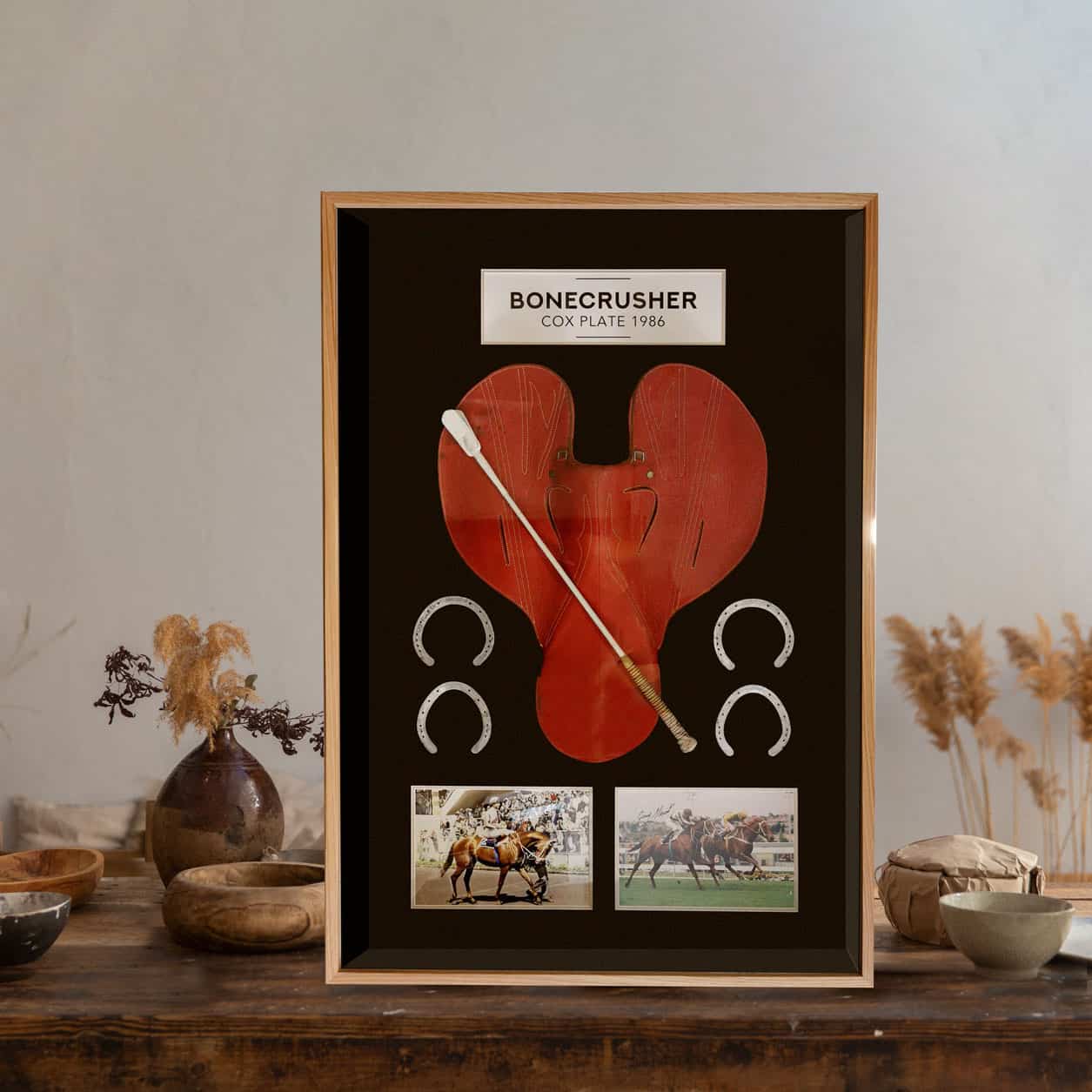 BONE CRUSHER COX PLATE 1986 HORCE RACING SADDLE MEMORABILIA FRAMING