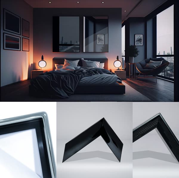 Beautiful in Black. The modern architectural interior is suited to combinations of black and white frames with understated detail and clean lines. Our MANHATTAN floating frames, Luxuria Glass/Matt Black and Hollywood Black ranges are excellent choices for this style amongst some of our standard matt black choices.