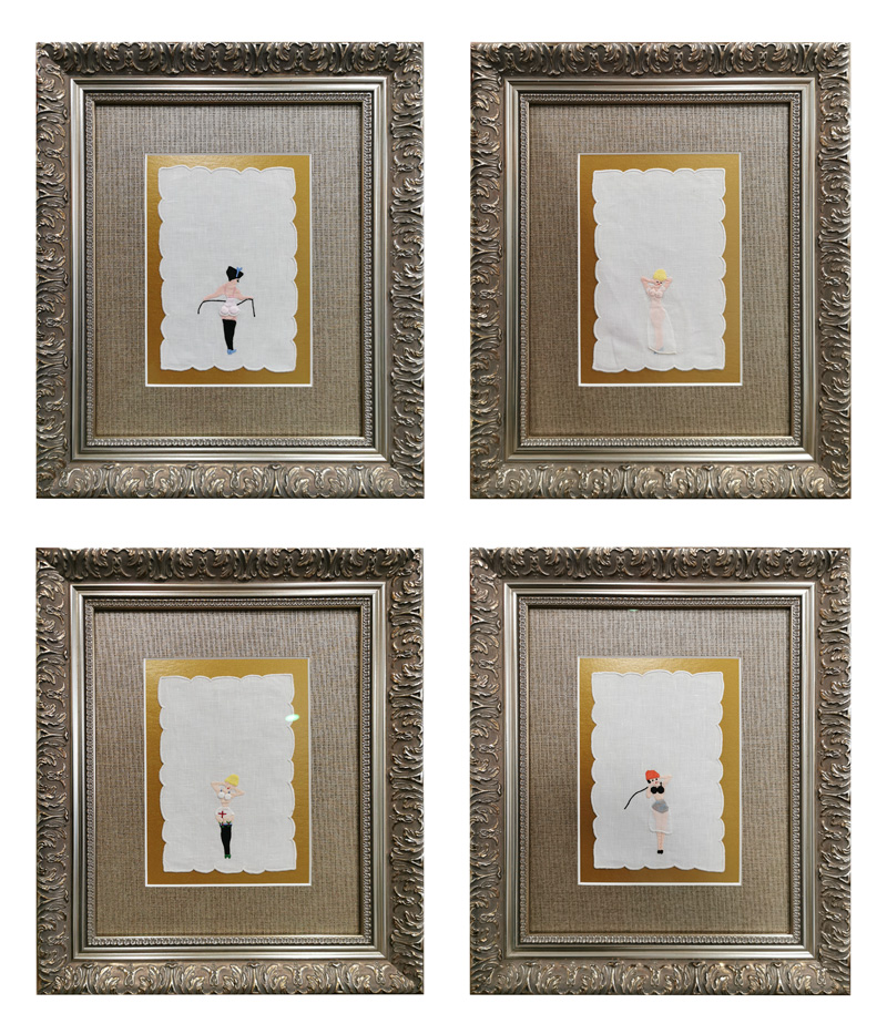 A collection of hand stitched handkerchiefs framed - Linen Fabric Matboards compliment these hand stitched hankies.