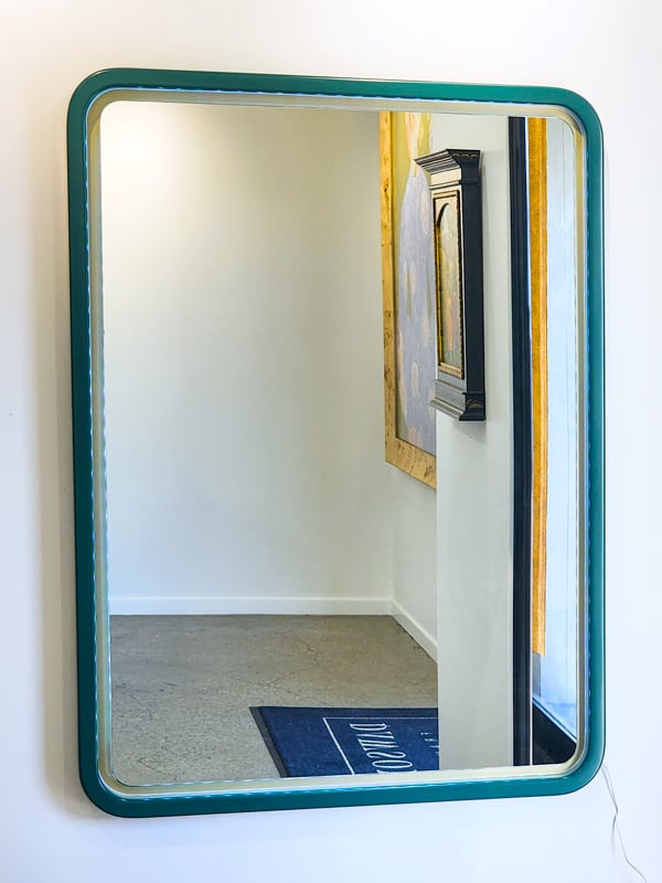Gucci Inspired round cornered custom framed mirror design with a gold backing, custom painted frame and interchangeable LED lighting controlled by remote.