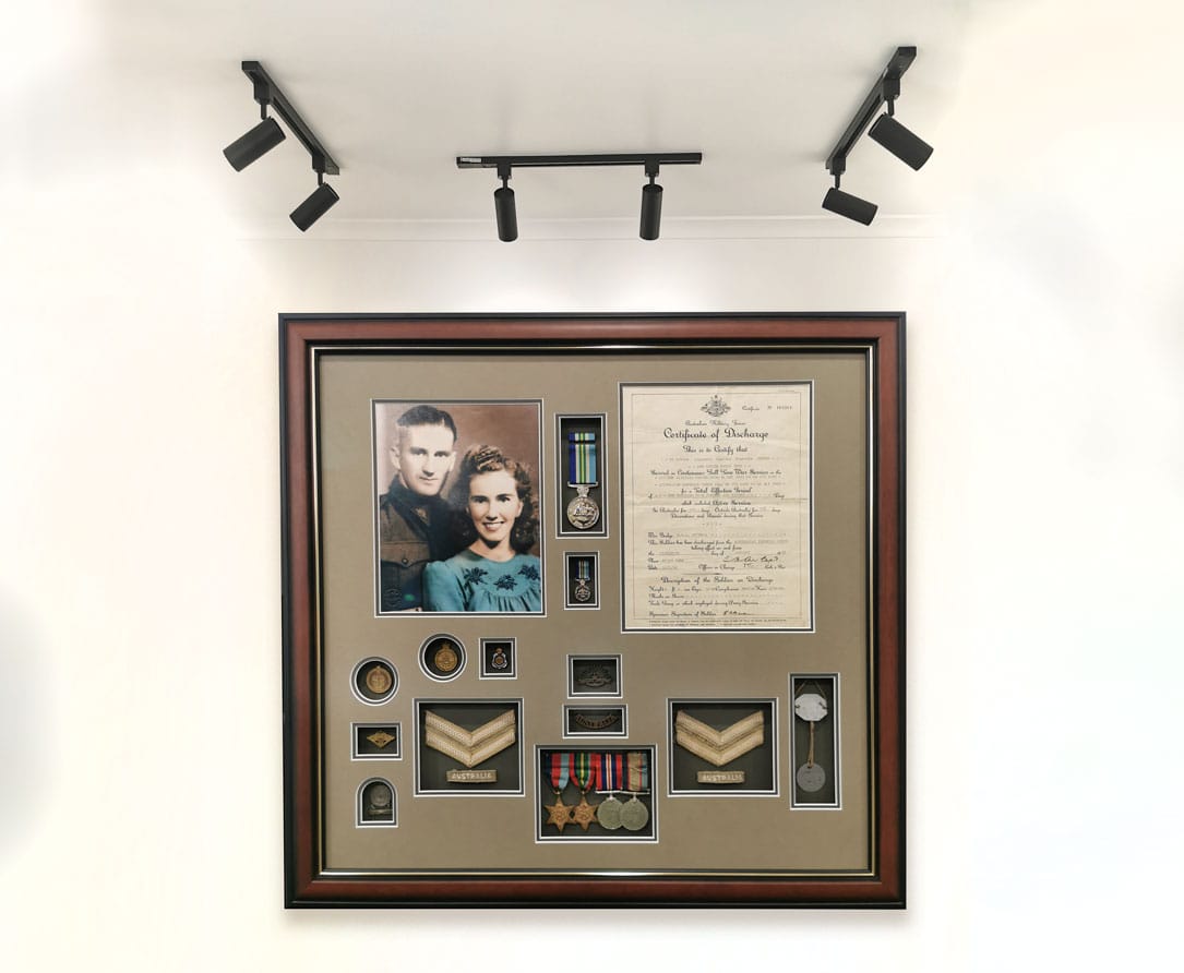 A very special collection of military memorabilia rejuvenated and reframed for a client.